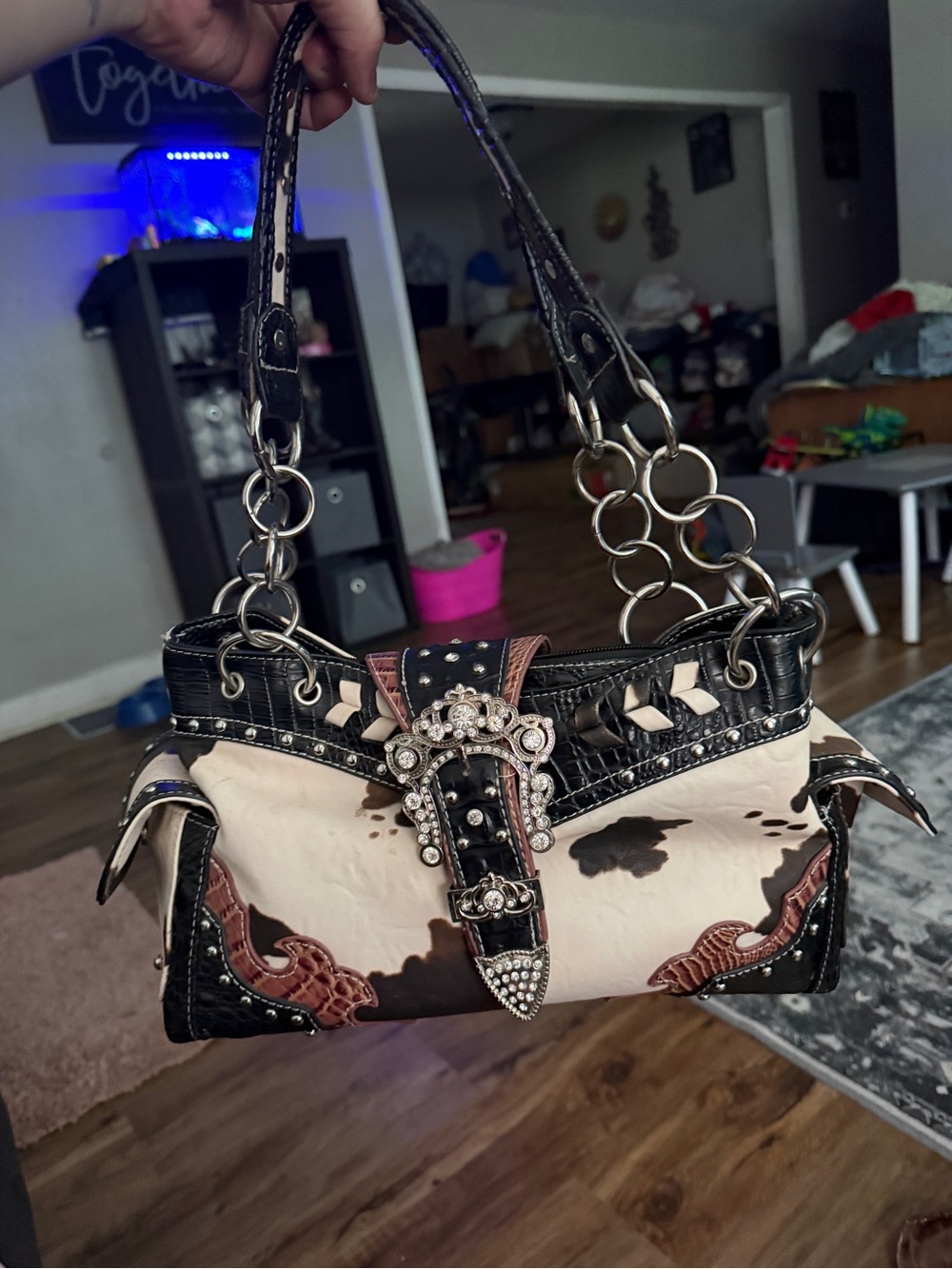 Embellished Cowhide Shoulder Bag with Rhinestone Buckle - Black & Cream